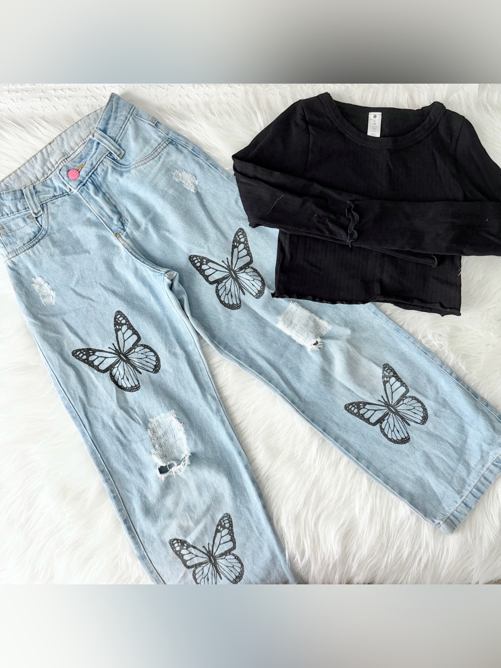 Bundle Girls Wide Leg Butterfly Jeans + Cropped Long Sleeve